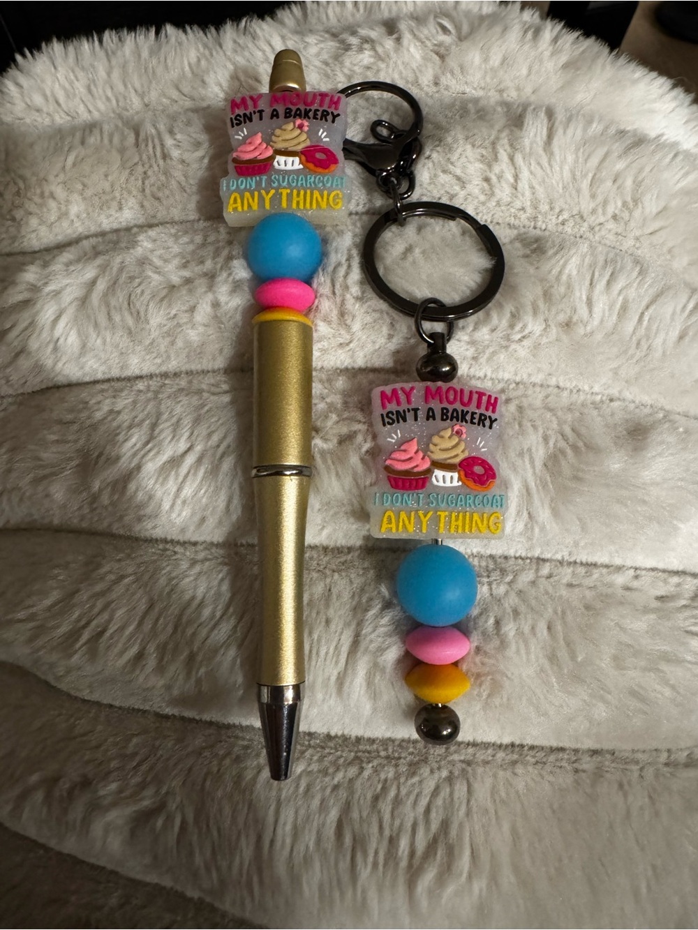 Beaded Keychain And Pen Set with Sassy Cupcake Charm - Pink, Blue & Yellow